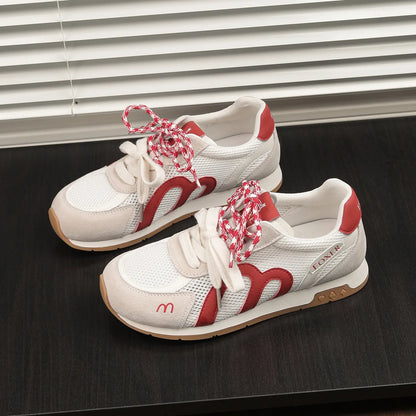 FOXER Retro Mesh Sneakers for Women Pig Split Leather Fashion Ladies Casual Running Shoes Daily Non Slip Walking Footwear