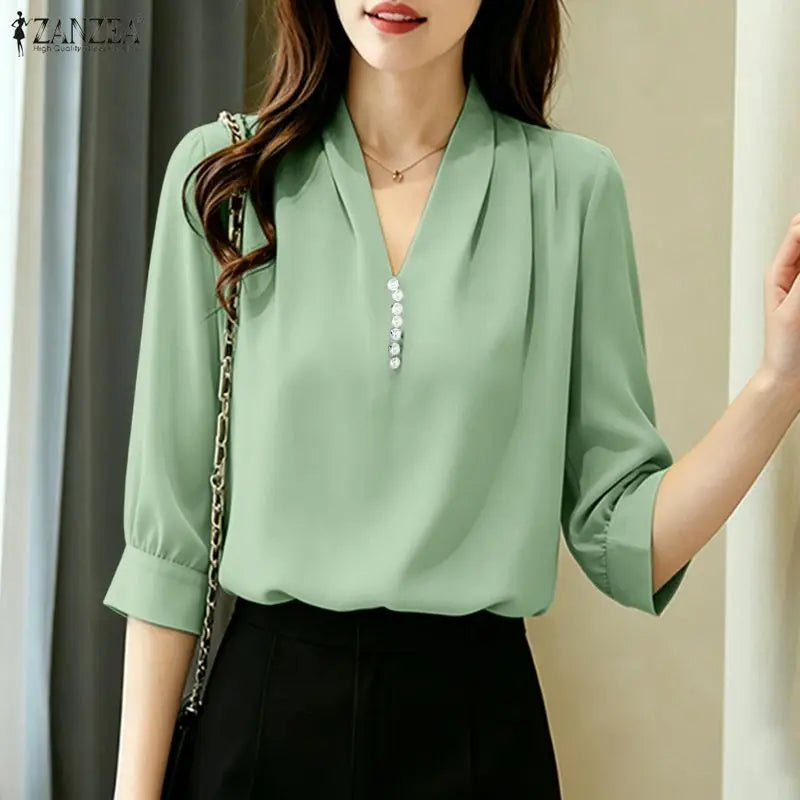 ZANZEA Women Sophisticated Pearls Detail Blouses V-Neck Pleated 3/4 Puff Sleeve Solid Color Tops Office Elegant Blusas de Mujer