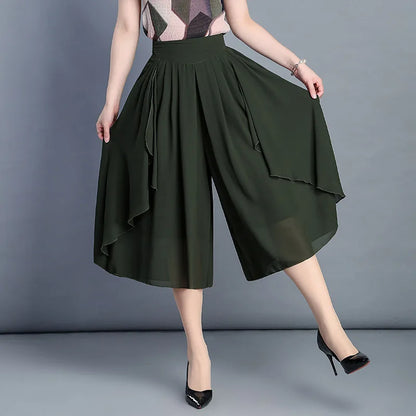 Women's Chiffon Wide-leg Pants for Spring and Summer—lightweight, High-waisted Culottes Available in Red,Green,Black,Blue,Camel.
