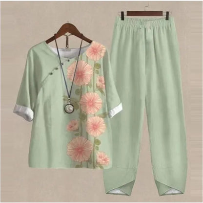 Summer Casual Two Piece Sets Women Loose Short Sleeve T-Shirt High Waist Pants Print Outfits Ladies Elegant Vintage top Pantsuit