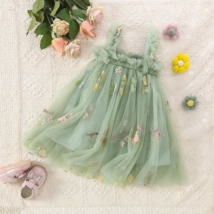 Summer New Girls Dress Halter Mesh Pleated Flower Embroidery Sweet Princess Dress Birthday Party Dress (0-3 Years Old Girls)