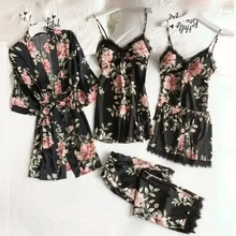 5-piece Set of Women's Sleepwear Sexy Silk Nightgown Lace Satin Nightgown V-neck Vest Breathable Comfortable Women's Nightgown
