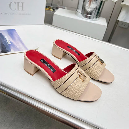 Women's Luxury Black Red Mule Sandals CH Brand Embossed Leather Upper Metal Lock Buckle Design Block Heel Slides for Daily Wear