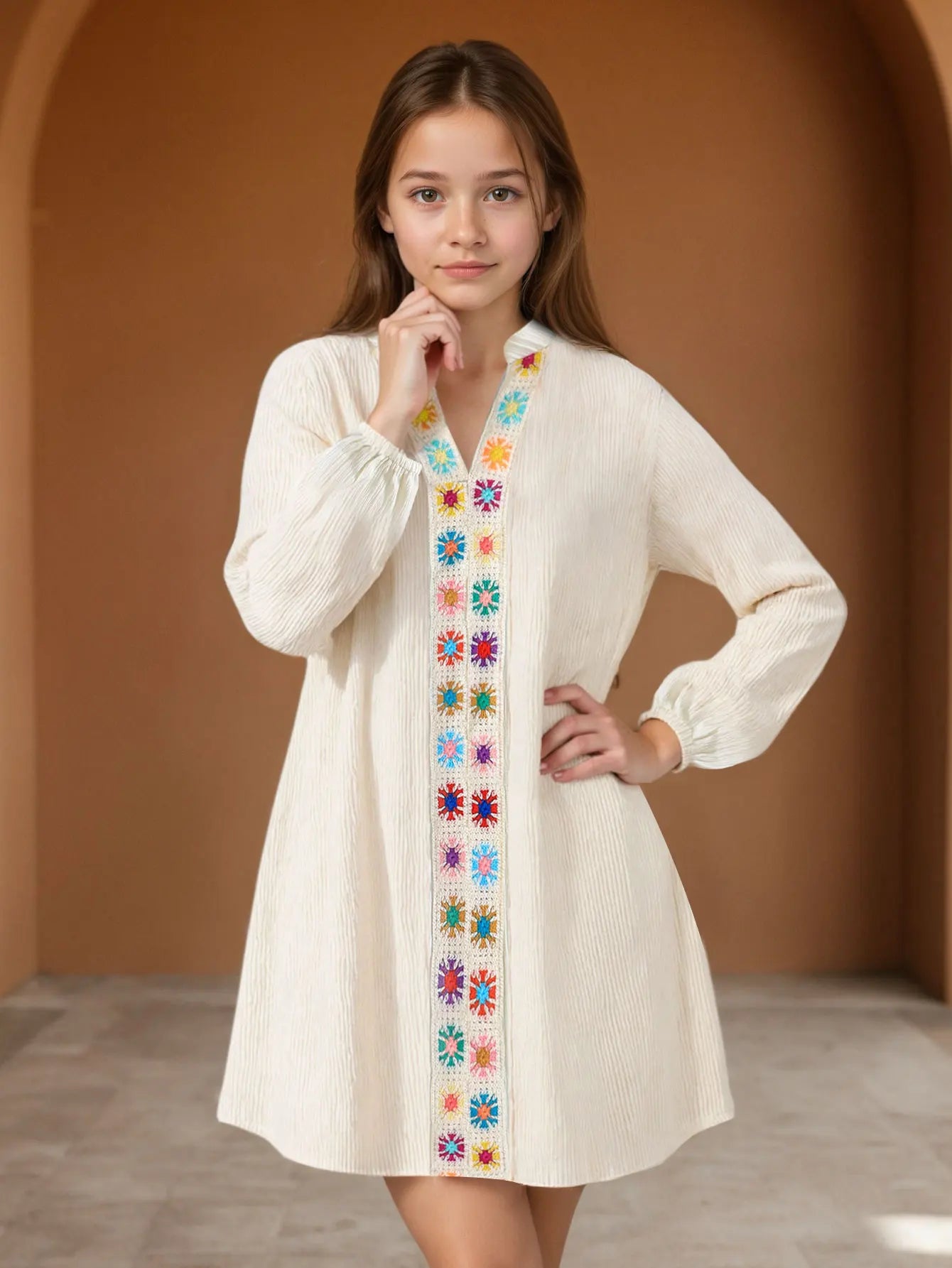Girls Long Sleeve Dress Ethnic Middle East Style with Embellishment Design Fitted for Outdoor Autumn Wear Casual Outfit