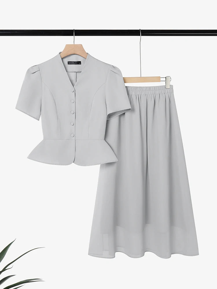 2026 ZANZEA Stylish Office OL Outfits Women Summer 2 Pieces Sets Elegant Short Sleeve Waisted Blouse Dress Sets Solid Skirt Suit