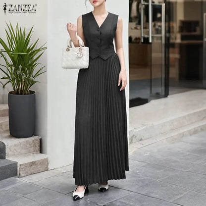 ZANZEA 2PCS Office Outfits Summer Elegant Sleeveless V Neck Short Sleeve Cropped Shirt Pleated Dress Sets Women 2 Pieces Sets