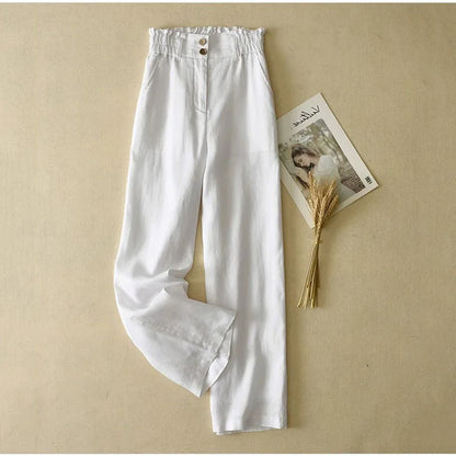 Summer Thin High Waisted Flax Wide Leg Pants Female Solid Color Flower Bud Waist Straight Leg Trousers Lady Cotton Linen Pant