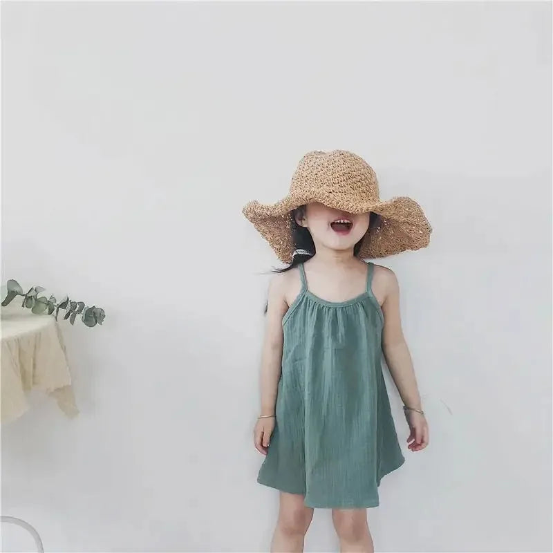 0-12M Baby Girls Summer Cotton Muslin Suspender Dress Solid Color Sleeveless Loose Casual Princess Dress For Newborn Girls