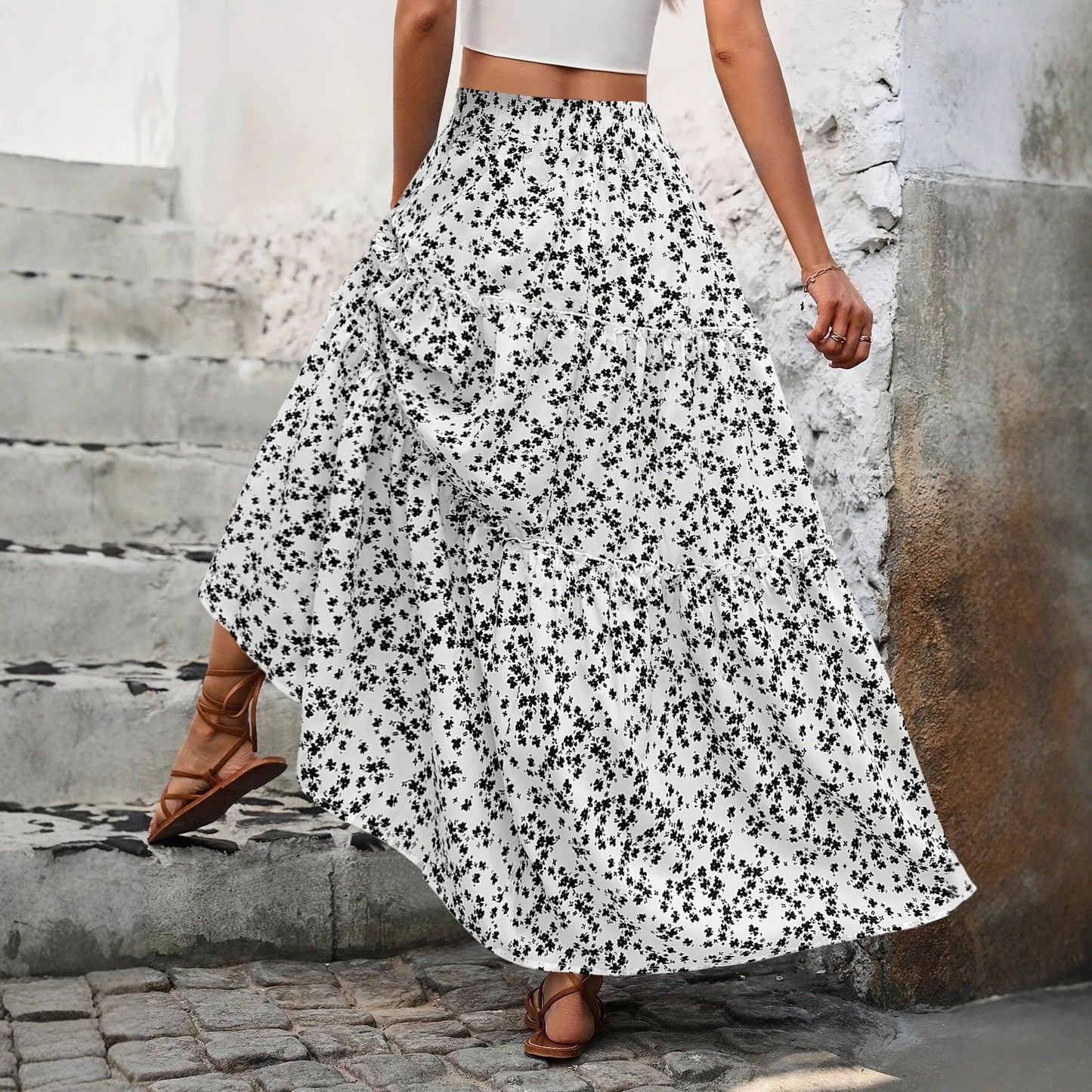 Women High Waist Floral Print A-Line Three Tiered Maxi Skirt Long Ruffle Trim Boho Summer Vacation Holiday Skirt Vestidos