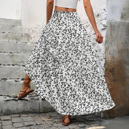 Women High Waist Floral Print A-Line Three Tiered Maxi Skirt Long Ruffle Trim Boho Summer Vacation Holiday Skirt Vestidos