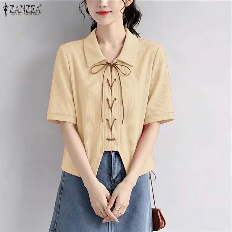 ZANZEA Women's Korean Elegant Waffle Shirt Turn-Down Collar Lace-Up Front Short Sleeve Tops Summer Casual Loose Chemises Femme