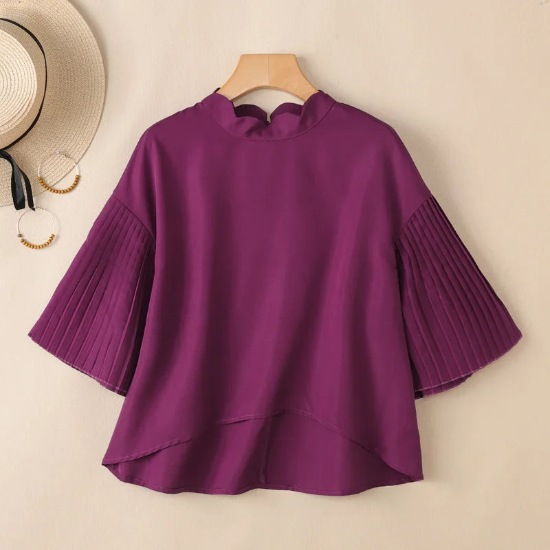 ZANZEA Elegant Women's High-Low Blouses Scalloped Mock Neck Pleated Flare Sleeves Solid Color Tops 2026 Summer Woman Clothes 3XL