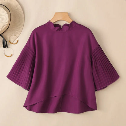 ZANZEA Elegant Women's High-Low Blouses Scalloped Mock Neck Pleated Flare Sleeves Solid Color Tops 2026 Summer Woman Clothes 3XL