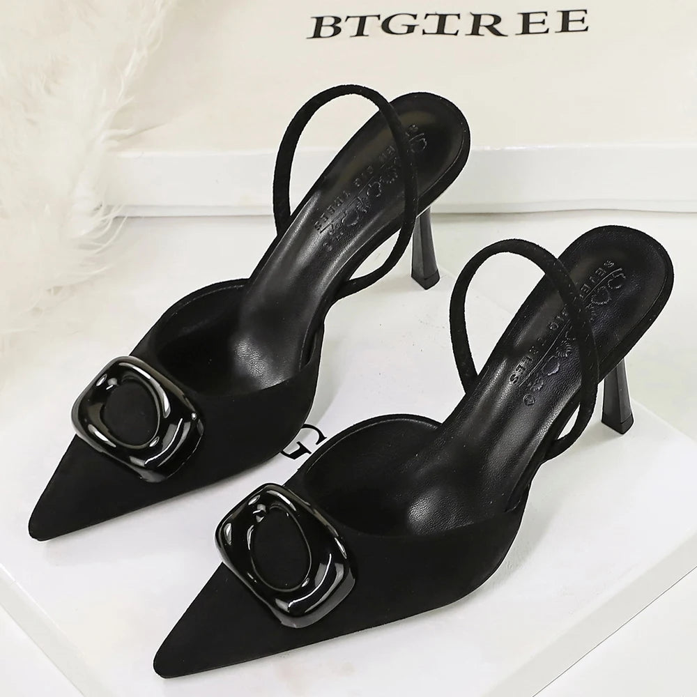 BIGTREE Shoes Square Buckle Design Women Pumps Suede High Heels Ladies Shoes Stiletto 8 cm Heels Fashion Women's Sandals Summer
