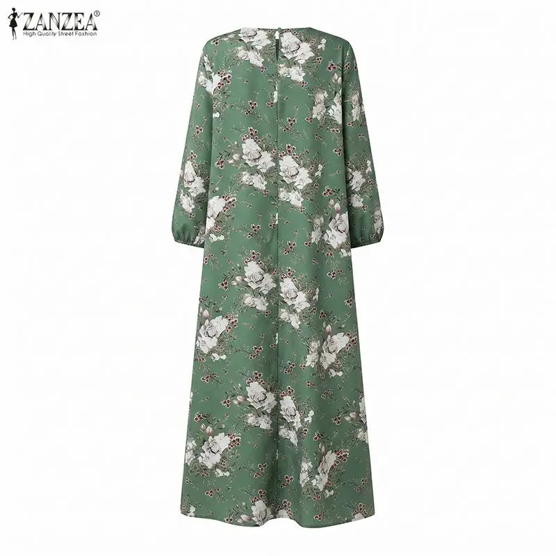 ZANZEA Muslim Abaya Women Bohemian Maxi Long Dress Floral Print Long Sleeve Round Neck Sundress Casual Loose Dresses Kaftan