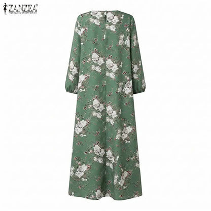 ZANZEA Muslim Abaya Women Bohemian Maxi Long Dress Floral Print Long Sleeve Round Neck Sundress Casual Loose Dresses Kaftan