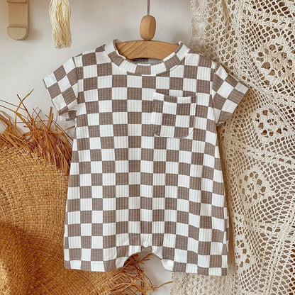 Summer Hot Newborn Baby Girl Clothes Summer Romper Sleeved Home Clothing Jumpsuit Chessboard pattern Toddler Bodysuit