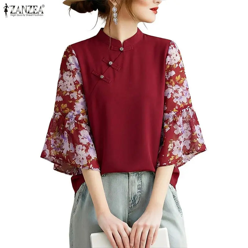 ZANZEA Woman Elegant Blouses Vintage Mandarin Collar Floral Printed 3/4 Flare Sleeve Tunic Tops Summer Patchwork Blusas de Mujer