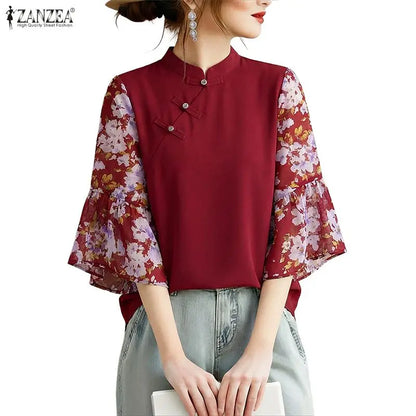 ZANZEA Woman Elegant Blouses Vintage Mandarin Collar Floral Printed 3/4 Flare Sleeve Tunic Tops Summer Patchwork Blusas de Mujer