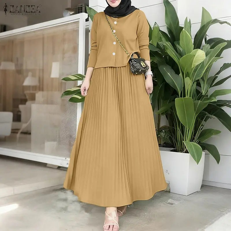 ZANZEA Elegant Muslim Sets Ramadan Outfits Women Autumn Long Sleeve Dress Suit Solid Shirt Long Skirt 2026 Spring Matching Sets