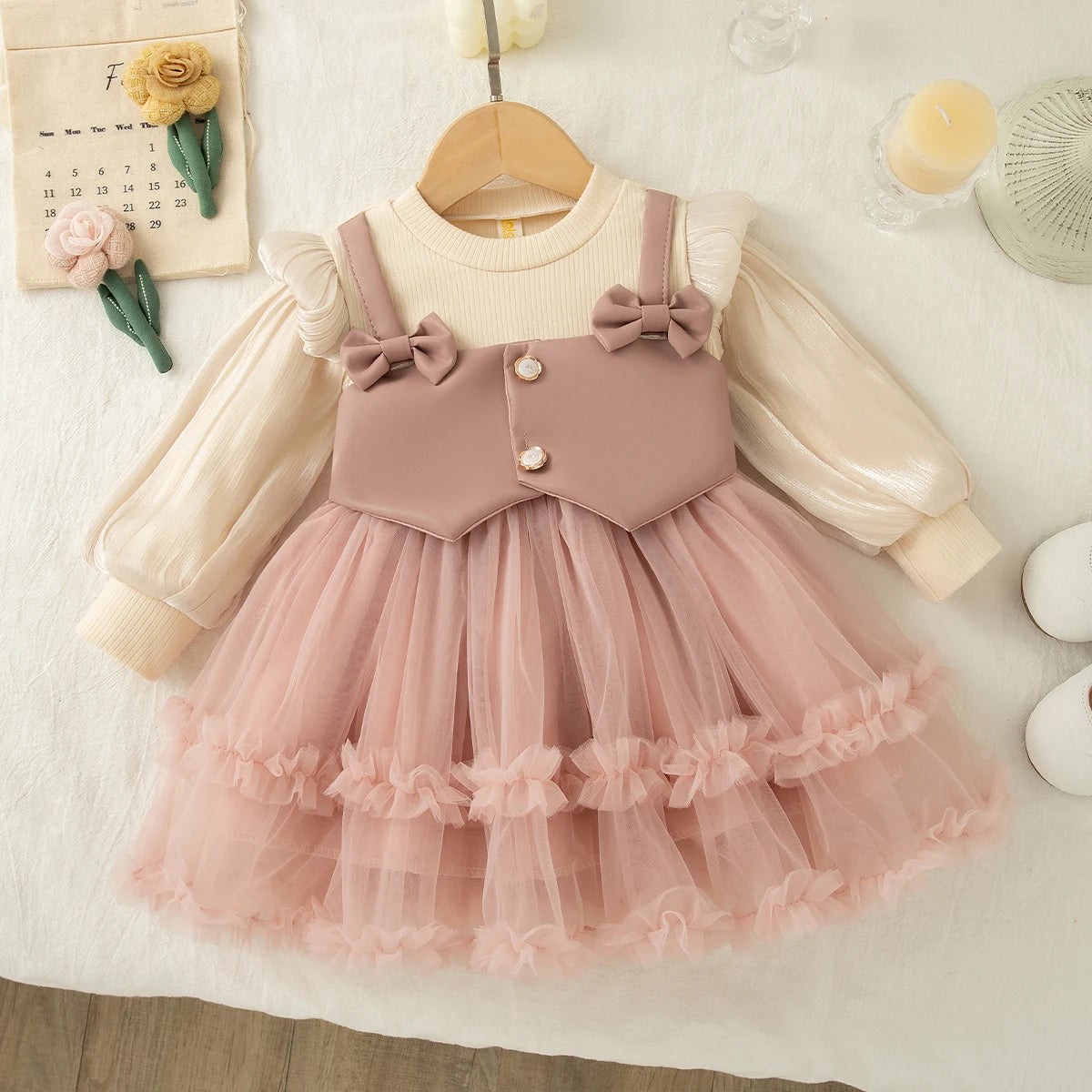 Autumn New Solid Color Chiffon Baby Girl Princess Dress, Sweet Bow Children'S Clothing For Birthdays (6 Months -3 Years)