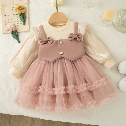 Autumn New Solid Color Chiffon Baby Girl Princess Dress, Sweet Bow Children'S Clothing For Birthdays (6 Months -3 Years)