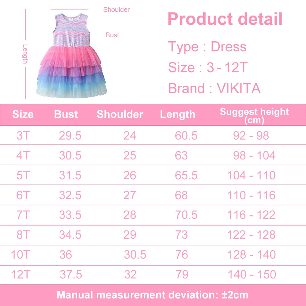 VIKITA Girls Sleeveless Summer Dress Kids Shiny Wave Striped Gradient Colorful Tulle Mesh Layered Party School Daily Tutu Dress