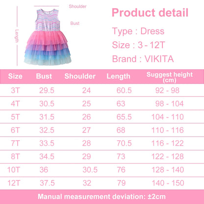 VIKITA Girls Sleeveless Summer Dress Kids Shiny Wave Striped Gradient Colorful Tulle Mesh Layered Party School Daily Tutu Dress