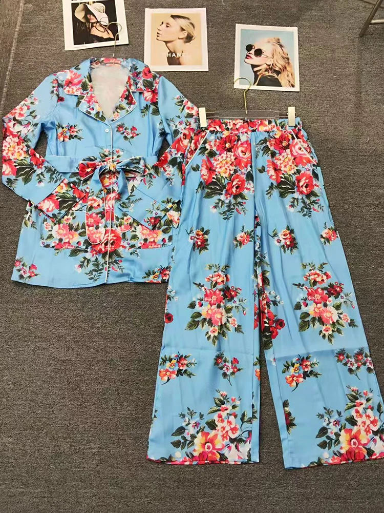 2026 Spring Women's Retro Geometric Printed Pajama Style Shirt Two Piece Set+Elastic Waist Loose Wide Leg Pants Fashion Set