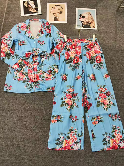 2026 Spring Women's Retro Geometric Printed Pajama Style Shirt Two Piece Set+Elastic Waist Loose Wide Leg Pants Fashion Set