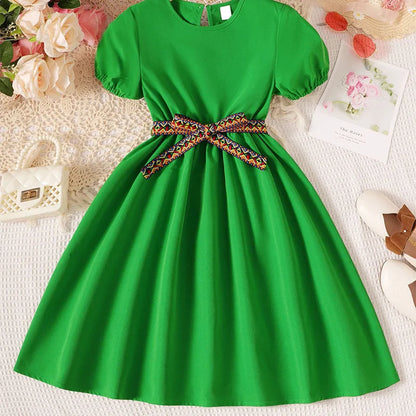 Summer Cute Girl Girl Detachable Belt Decoration Round Neck Short Sleeve Princess Dress Birthday Party Wedding Children's Dress