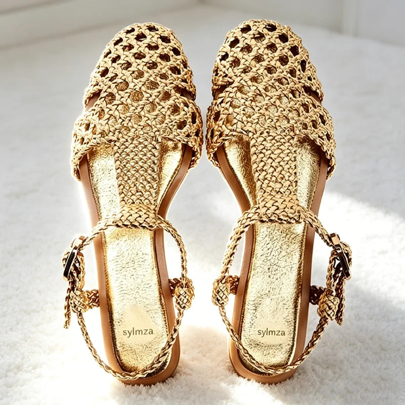 High-quality Hollow Woven Flat Sandals for Women Fashion T-tied Ankle Strap Buckle Gladiator Sandals Summer Holiday Beach Sandal