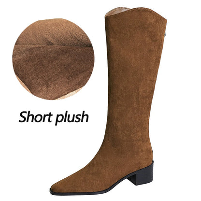 BIGTREE Shoe Women Knee-High Boots Suede Knight Boots Women Shoes Rear Zipper High boots Thick Heel Autumn Winter Boots Mid Heel
