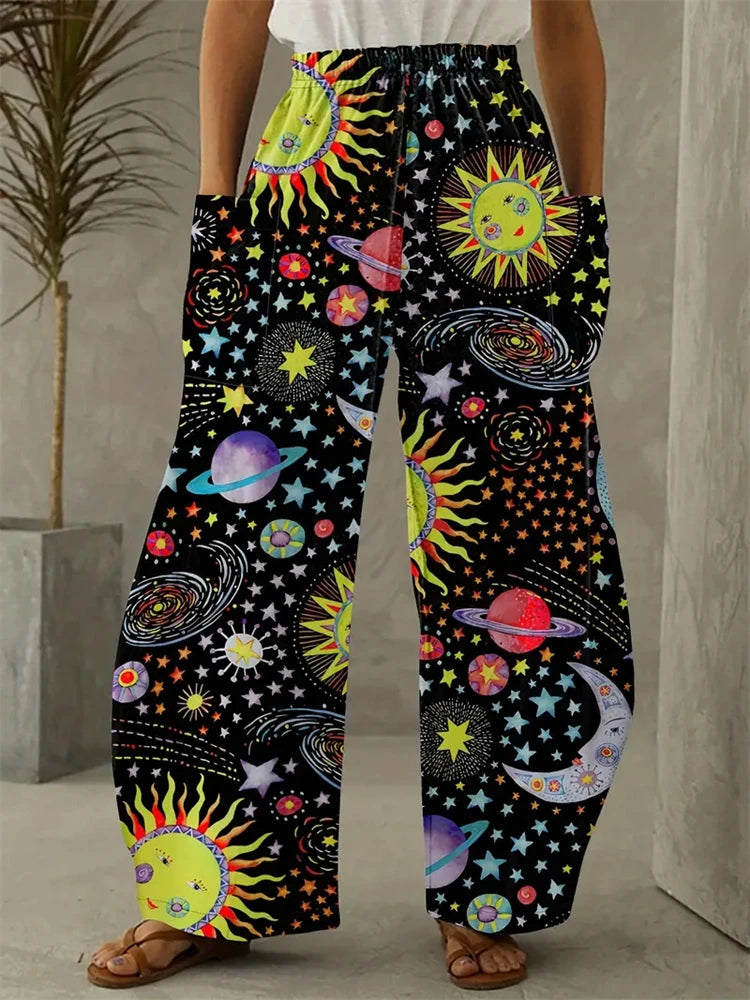 Women's Fashion New Wide-legged Pants Elegant 3d Sun, Moon And Star Printed Pants Women's Street Vintage Pants With Pockets