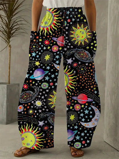 Women's Fashion New Wide-legged Pants Elegant 3d Sun, Moon And Star Printed Pants Women's Street Vintage Pants With Pockets