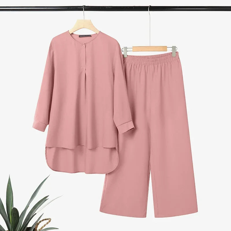 ZANZEA Women 2026 Spring Matching Sets Fahion Long Sleeve Tops Pant Sets Muslim Ramadan Outfits Elegant Solid OL Work Tracksuit