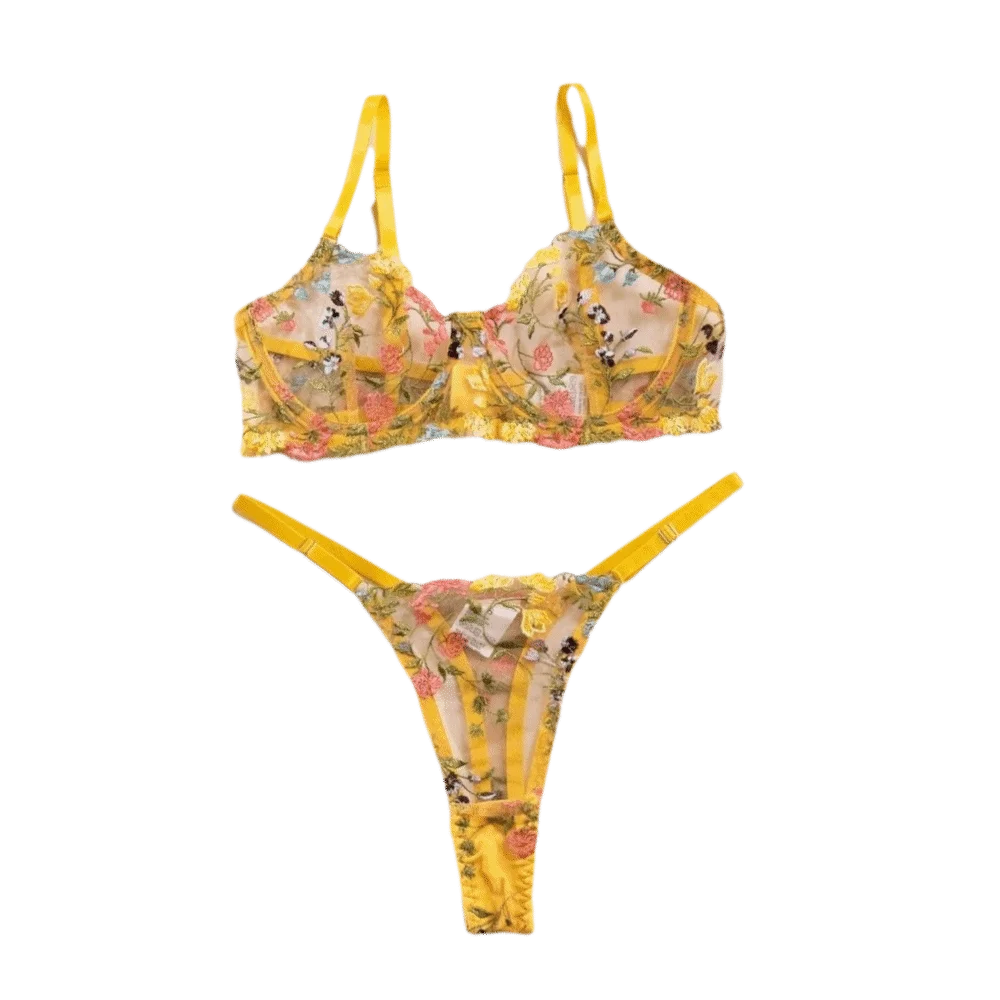 Bohemia Transparent Lingerie Set Push Up Elegant Embroidery Floral Underwear Ultra-thin Bra Suit Girl