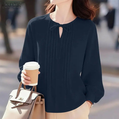 ZANZEA Woman Pintuck Details White Blouses Elegant Lace-Up V-Neck Long Sleeve Top Spring Summer Casual Loose Blusas de Mujer 3XL