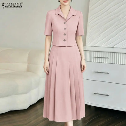 Elegant Women OL Work Dress Sets 2026 ZANZEA Summer Outfits Lapel Short Sleeve Cropped Blouse Pleated Skirt Suit 2 Pieces Sets