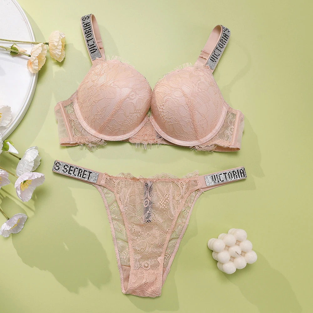 Victoria Secret Sexy Women Underwear Very Sexy Eyelash Lace Fringe Trim Push Up Bra Shine Script Thong Panty Set