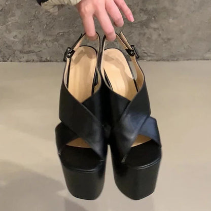 Fashion Cross Strap Chunky Platform Sandals Women Sexy Open Toe 18cm High Heels for Ladies Slingback Buckle Strap Gladiator Shoe