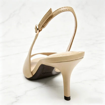 Nude Soft Leather Pu Heeled Sandals Women Fashion Asymmetric Design Style Slingback High Heels for Ladies Elegant Women Shoes