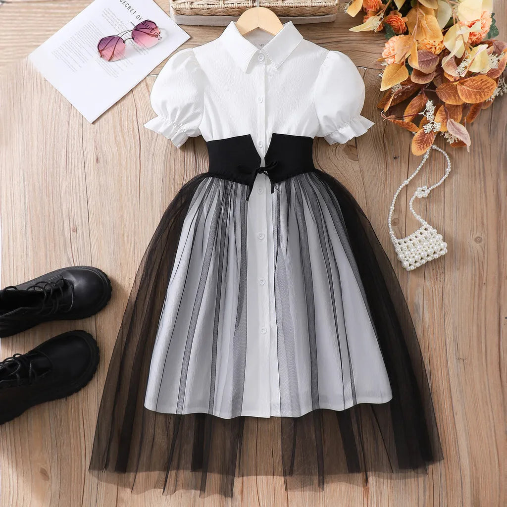 8-12 Yrs Girl Dress Summer Black and White Short Sleeve Children Dresses Simple Fashion Teen Girl Clothes Party Big KIds Outfit