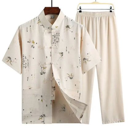 Men's Red Two-piece Summer Set: A Short Jacquard Shirt in Chinese Style Paired with Elastic-waist Pants. White, Gray, Beige-Blue