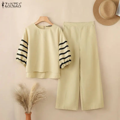 2026 ZANZEA Summer Wide Leg Pant Sets Fashion Women Outfits 3/4 Sleeve Blouse Trousers Striped OL Work Tracksuit 2 Pieces Sets