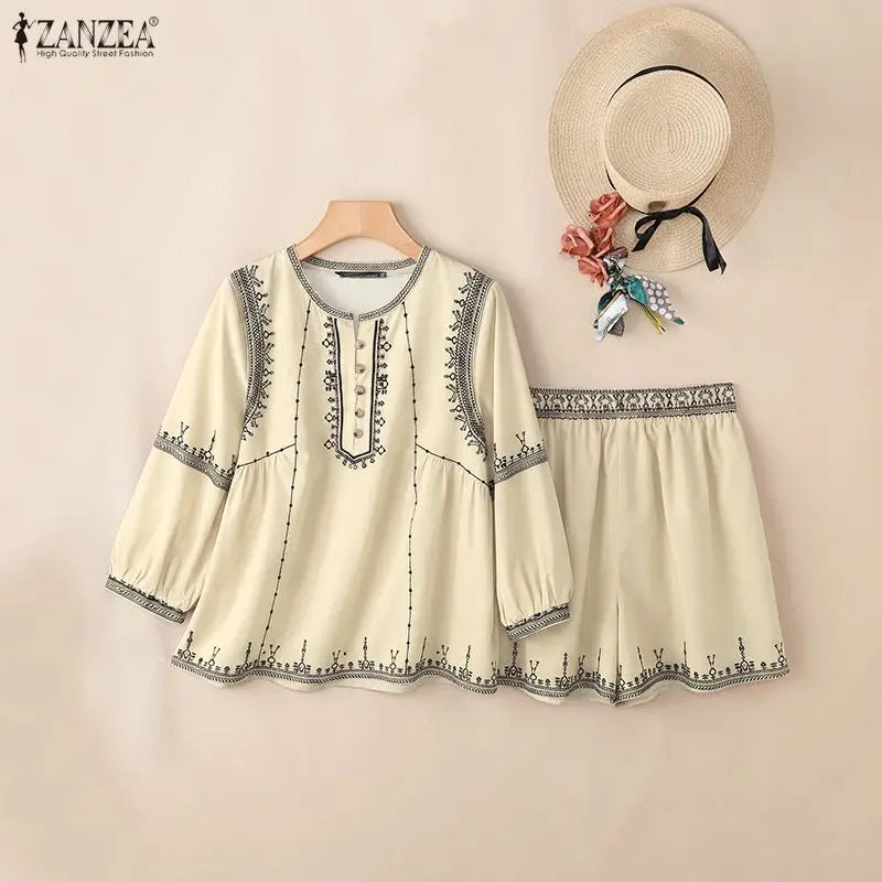 ZANZEA Women 2 Pieces Matching Short Sets 3/4 Puff Sleeve Blouses & Elastic Waist Shorts Suits Summer Vacation Ethnic Print Sets