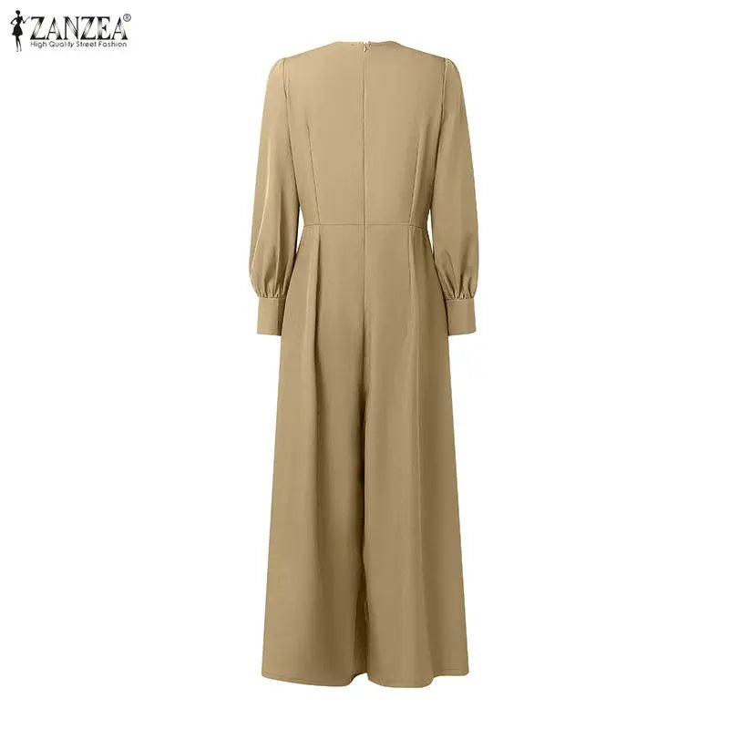 ZANZEA Women's Elegant Wrap V-Neck Jumpsuits Long Sleeve Cinch Waist Solid Color Wide Leg Pant Overalls Woman Fashion Jumpsuit