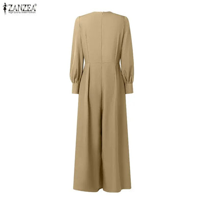 ZANZEA Women's Elegant Wrap V-Neck Jumpsuits Long Sleeve Cinch Waist Solid Color Wide Leg Pant Overalls Woman Fashion Jumpsuit