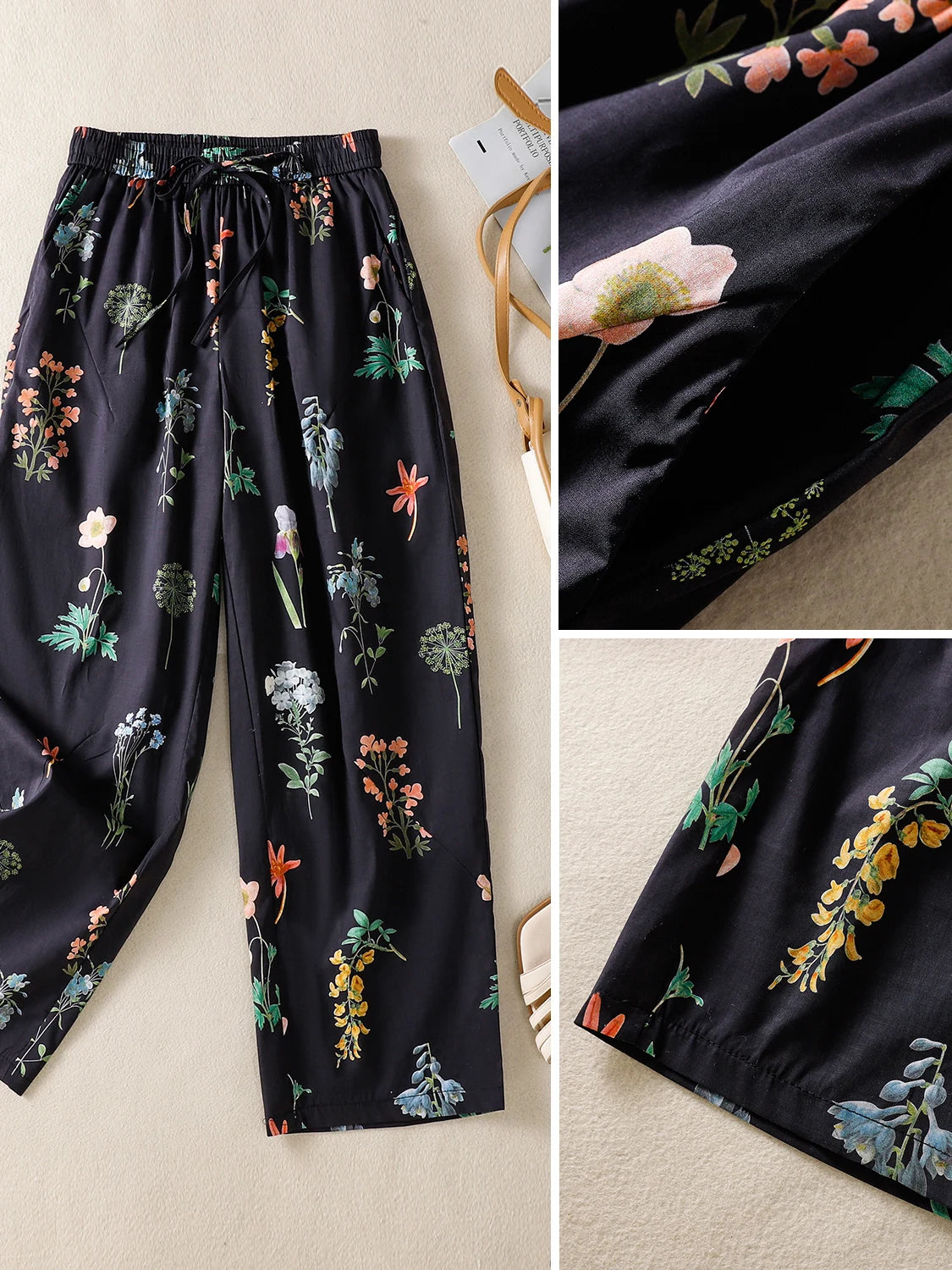 High Waist Wide Leg Printed Casual Pants Summer Thin Large Size Versatile Loose Fit Nine Points Pants Ladies Casual Trousers