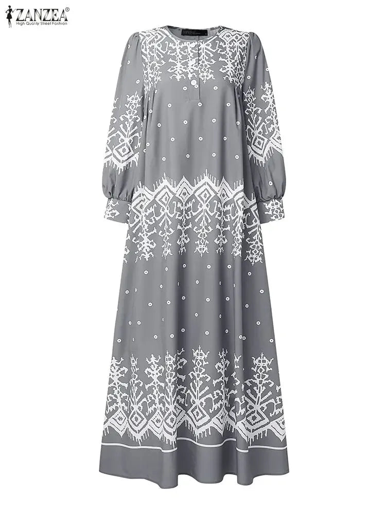 2026 ZANZEA Spring Floral Printed Dress Ramadan Muslim Abaya Dress Women O Neck Long Sleeve Sundress Islamic Robe Casual Kaftan